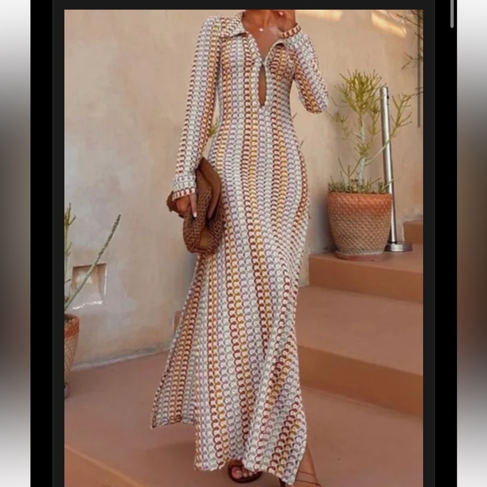 V-neck Collared Crochet Dress BOHO SPLIT WAVY STRIPED BEACH
VACATION MAXI - Picture 6 of 8